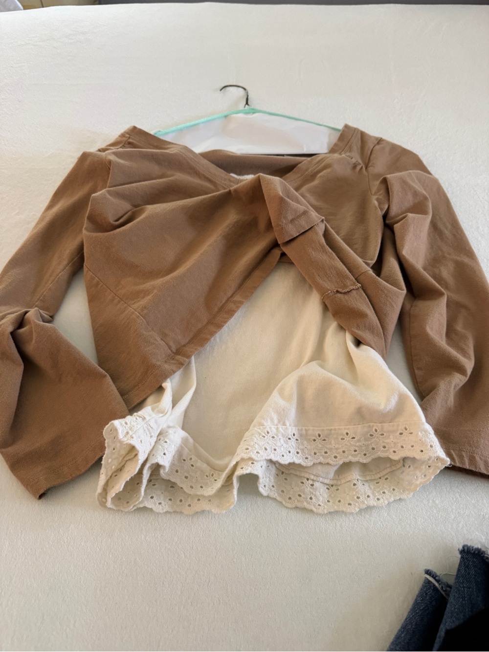 Ruff Hewn Layered V-Neck Long Sleeve Top in Tan with White Eyelet